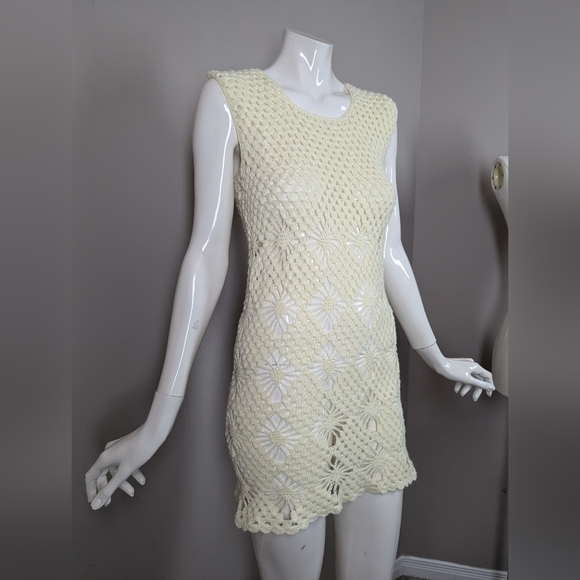 Handmade Crochet Tank Top Cream Boho Festival Sleeveless Shell Knit Pull - Picture 2 of 8